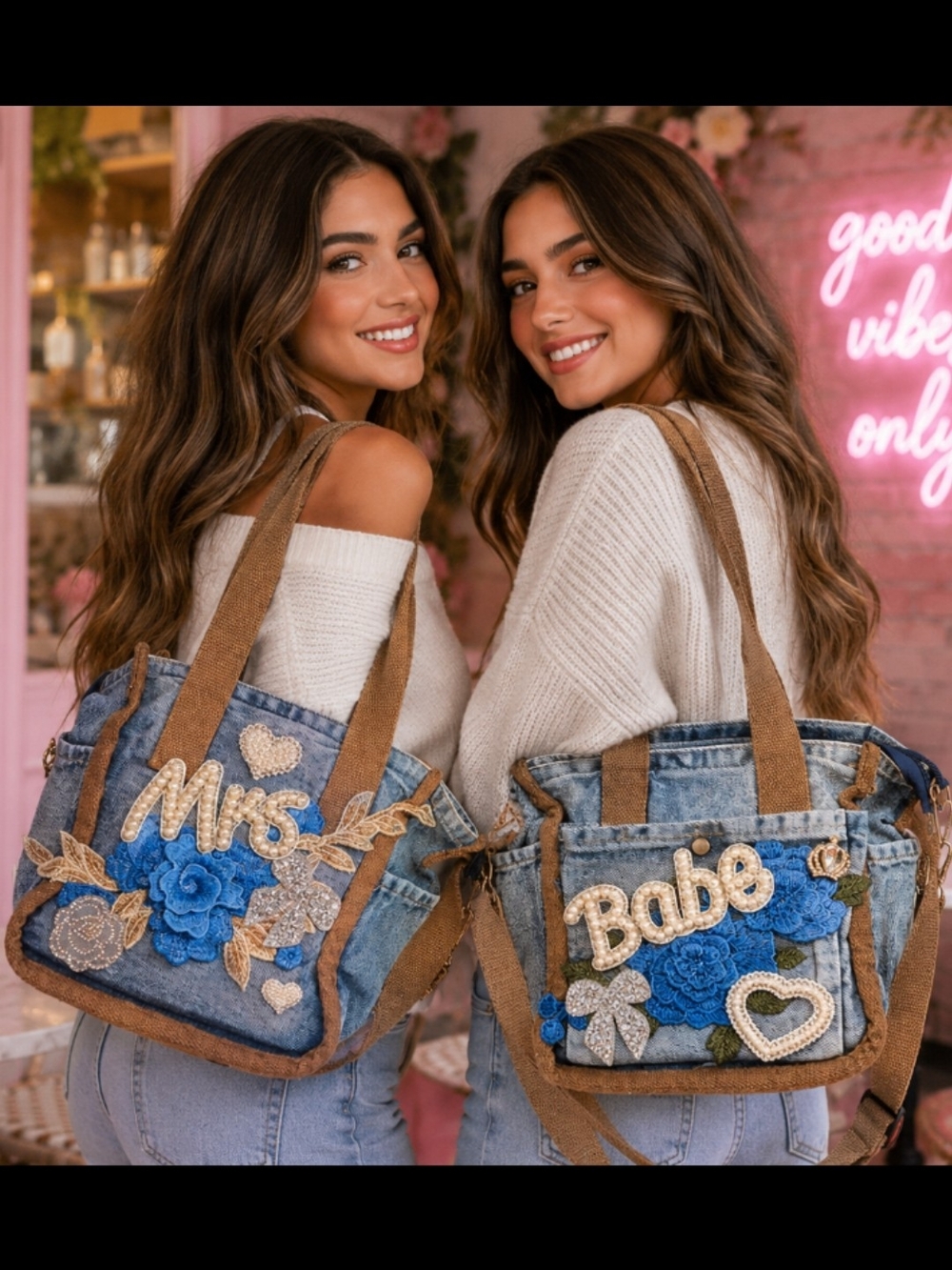 Denim 'Babe' MRS.  Embroidered Tote Bag in STYLISH PATCHWORK JUNKIT ART By ME !